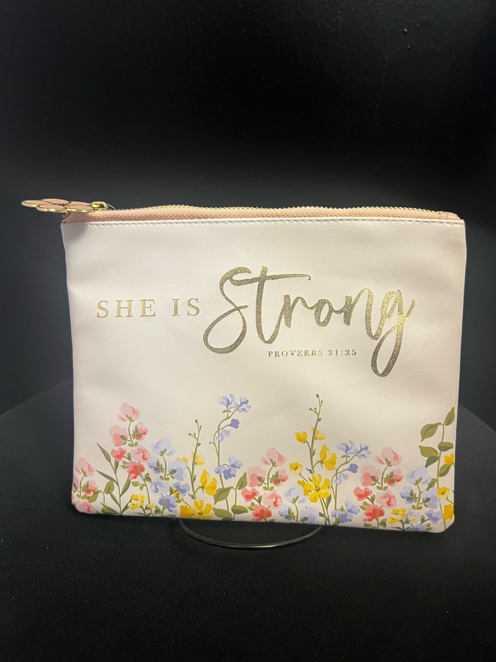 Proverbs 31:25 She Is Strong Floral Zip Pouch - Cream - Picture 4 of 4